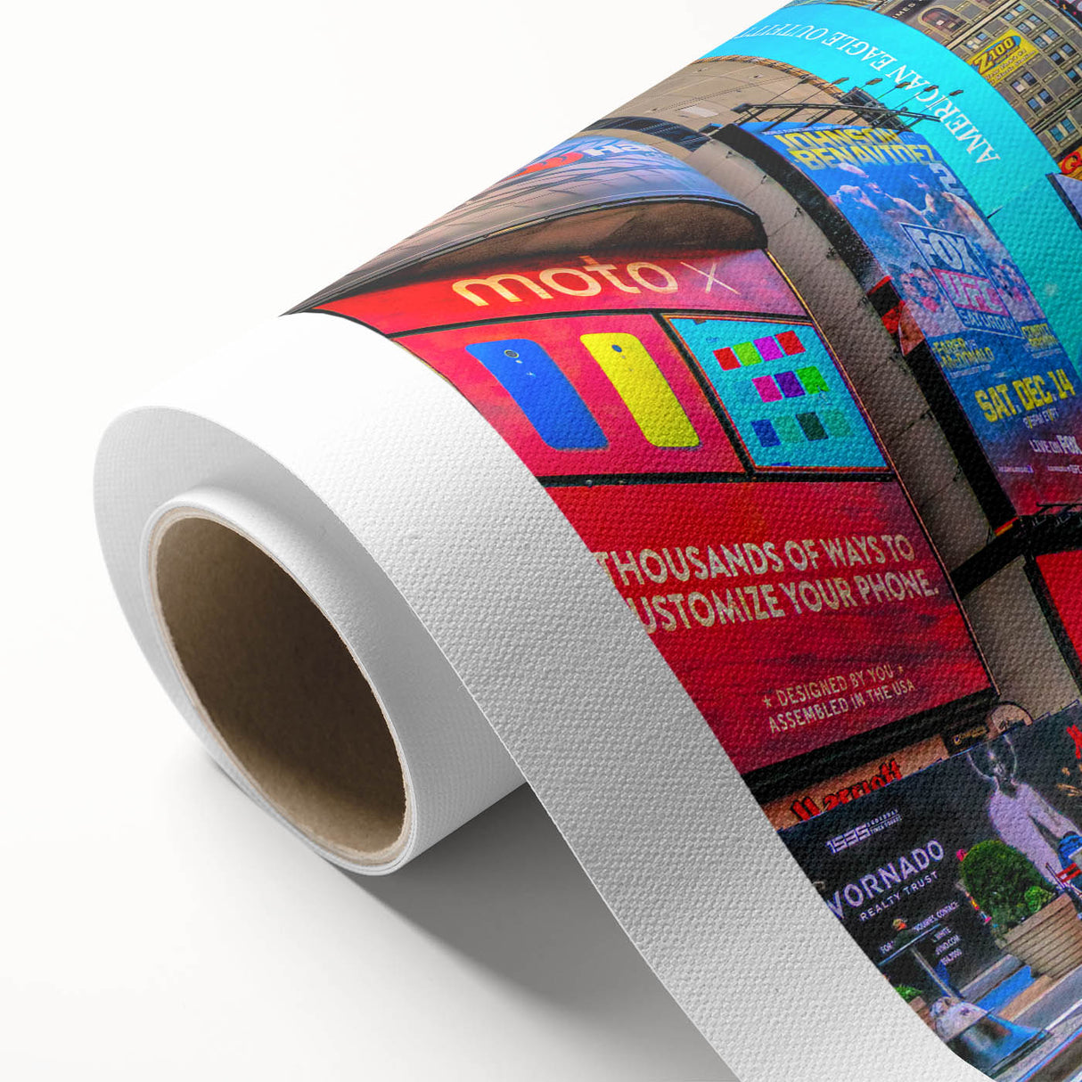 Art Deco poster of Times Square with vivid red and yellow tones on rolled canvas, ideal for nursery wall art.