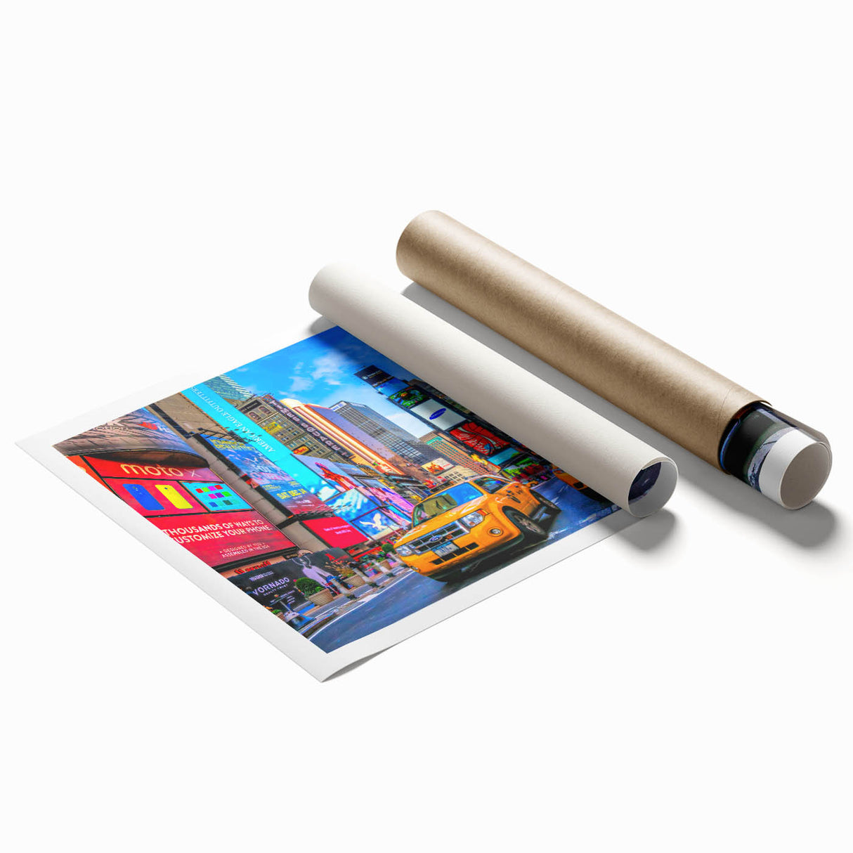Extra large rolled print of Times Square with vibrant neon colors, ideal for classy bathroom wall art.