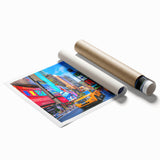 Extra large rolled print of Times Square with vibrant neon colors, ideal for classy bathroom wall art.