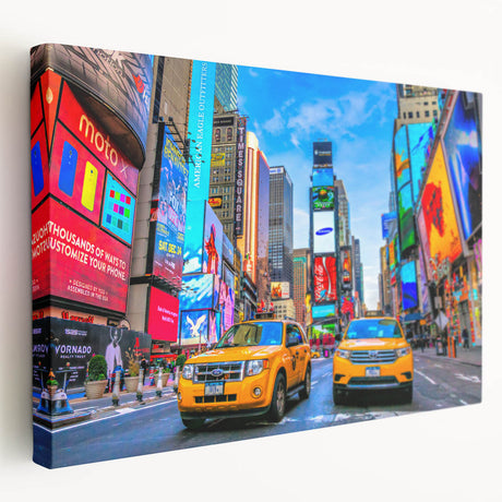 Times Square at night depicted in vibrant colors on a large stretched canvas, suitable for kitchen wall art.