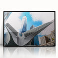 Large abstract wall art of NYC Trade Center in black and gray tones on framed acrylic, suitable for modern art wall decor.