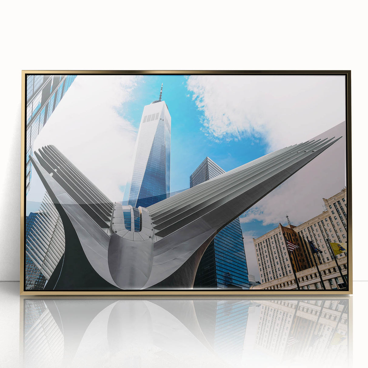 Acrylic print of NYC skyline with muted gold tones, ideal for modern art wall decor.