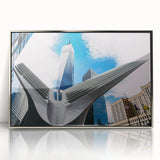 Mid-century modernist art depicting the New York City skyline in muted gray and blue tones, framed acrylic print.