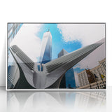 Acrylic print of NYC Trade Center in art deco style, with monochrome tones, ideal for modern art wall decor.