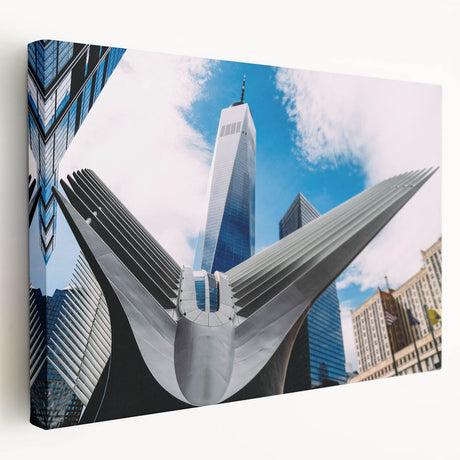 Large canvas print of the New York City skyline with muted gray and blue tones, ideal for kitchen wall art.