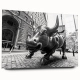 Acrylic print of New York City's Wall Street in muted gray tones, ideal for modern bedroom or dining room decor.