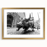 Abstract art print of Wall Street in textured grays and blues on a large framed canvas, ideal for living room decor.