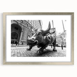 Textured art print of NYC's Wall Street in abstract style with muted grey tones, framed with a silver mat.