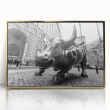 Mid-century modernist New York Wall Street scene in gold and black acrylic, framed, ideal for modern art wall decor.