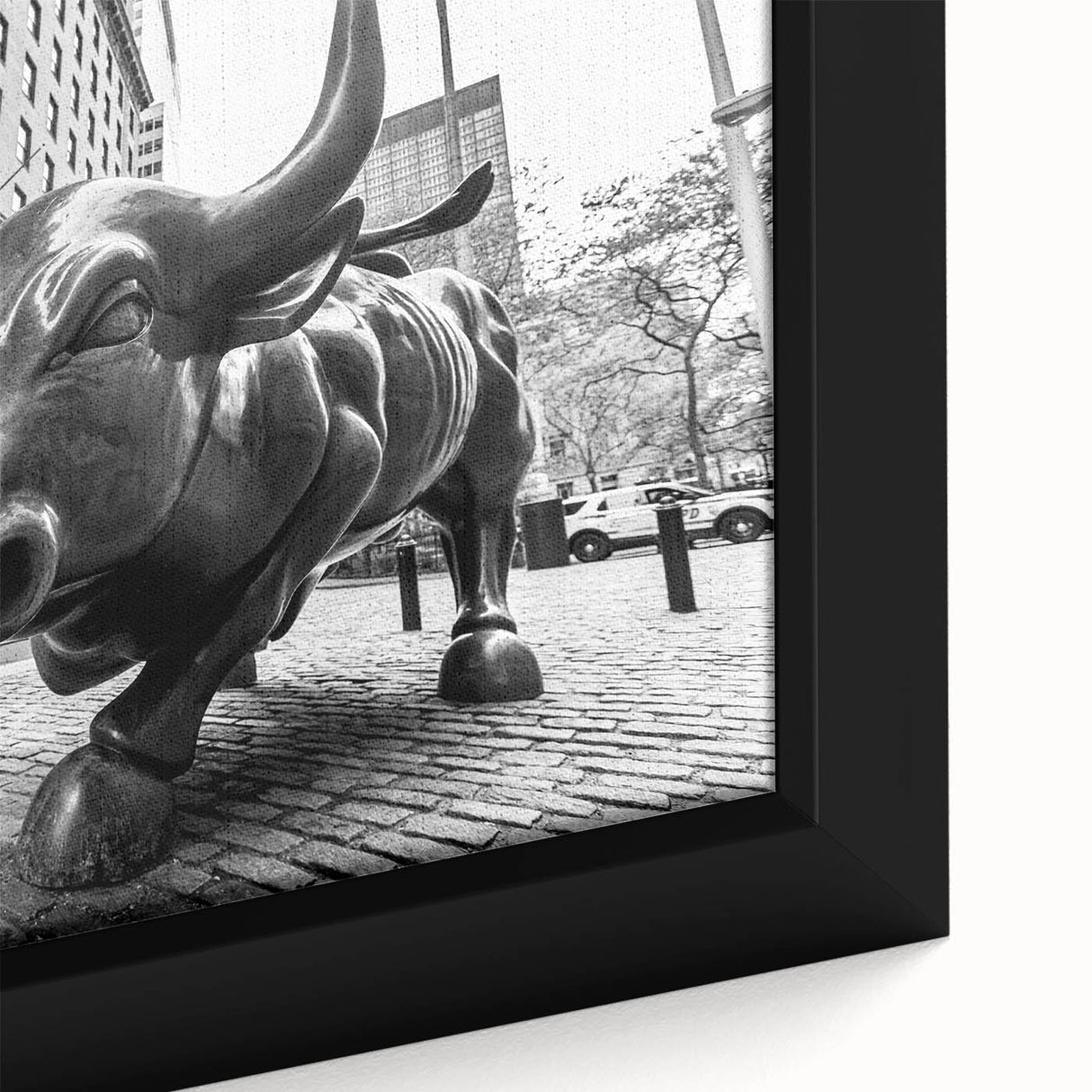 Extra large framed canvas featuring a textured depiction of NYC's Wall Street in black with colorful accents.