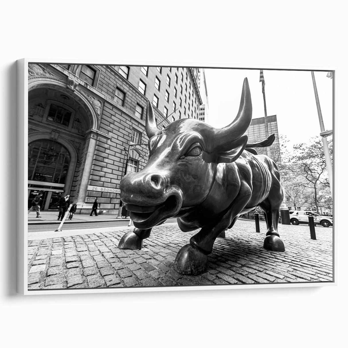 Vintage poster art of NYC Wall Street in colorful tones on extra large framed canvas, ideal for living room decor.
