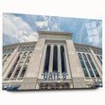Acrylic print of large abstract New York City skyline in muted gray and blue tones.