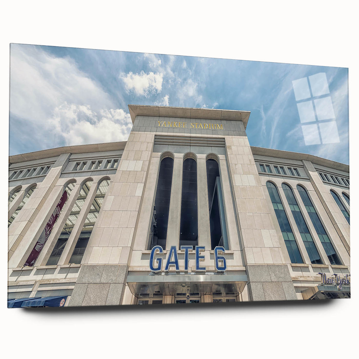 Acrylic print of a large abstract depiction of NYC skyline in muted gray and blue tones.