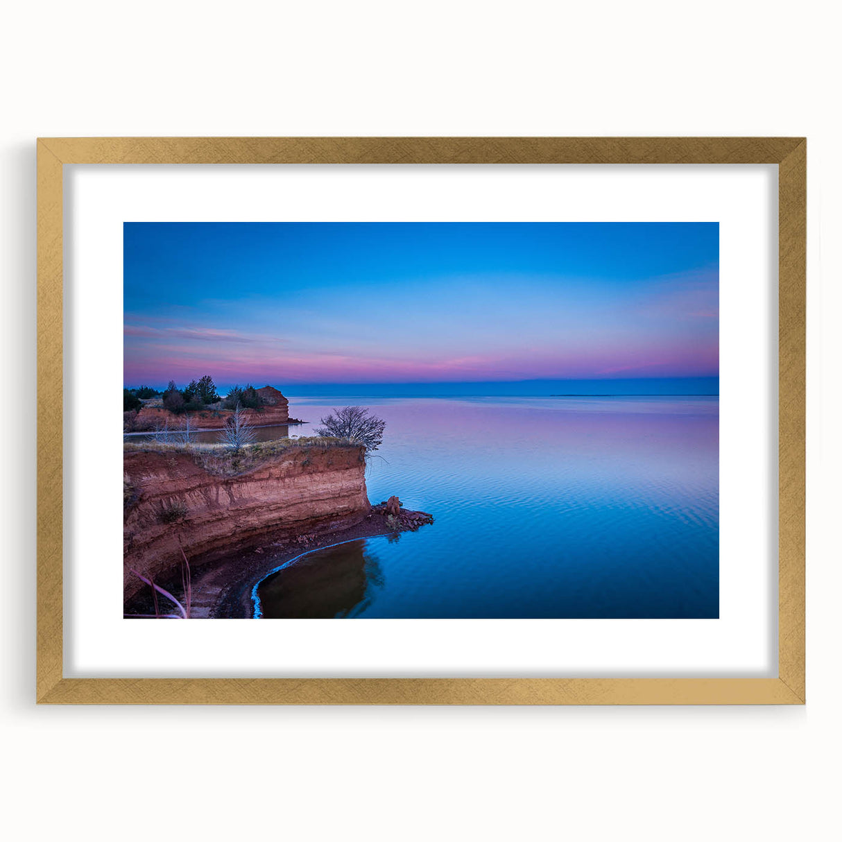 Extra large abstract art print of textured Oklahoma scenery in muted earth tones, framed in gold.