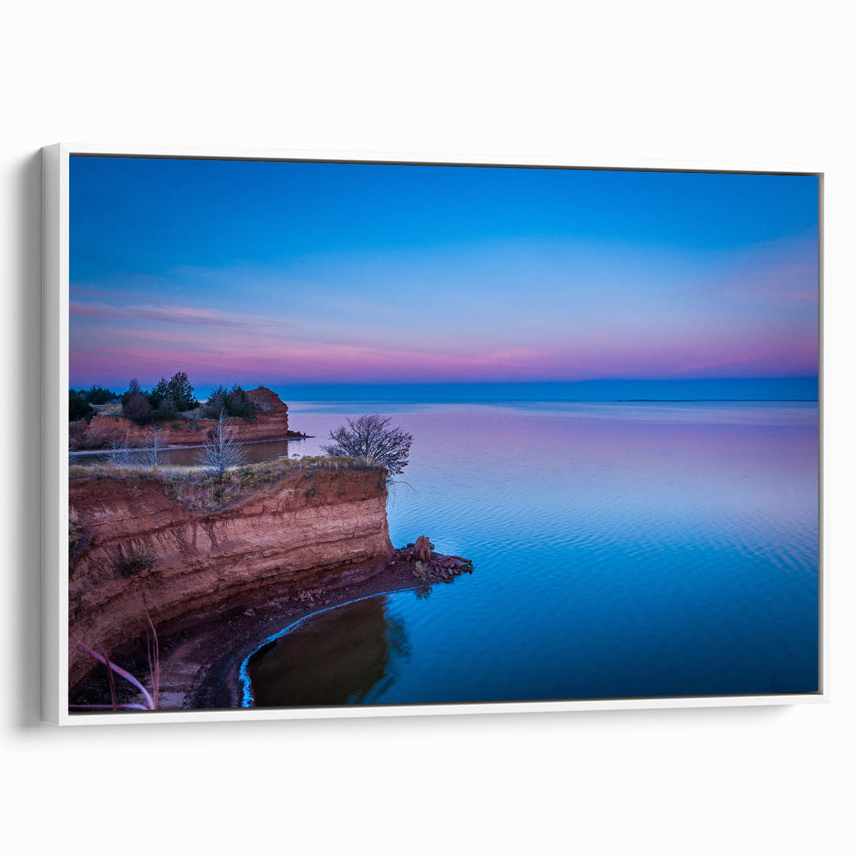 Vintage poster art of Oklahoma scenery on framed canvas, featuring vibrant colors against a black background.