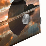 Acrylic print of Cannon Beach, Oregon with muted earth tones in a mid-century modernist style, ideal for dining room art.