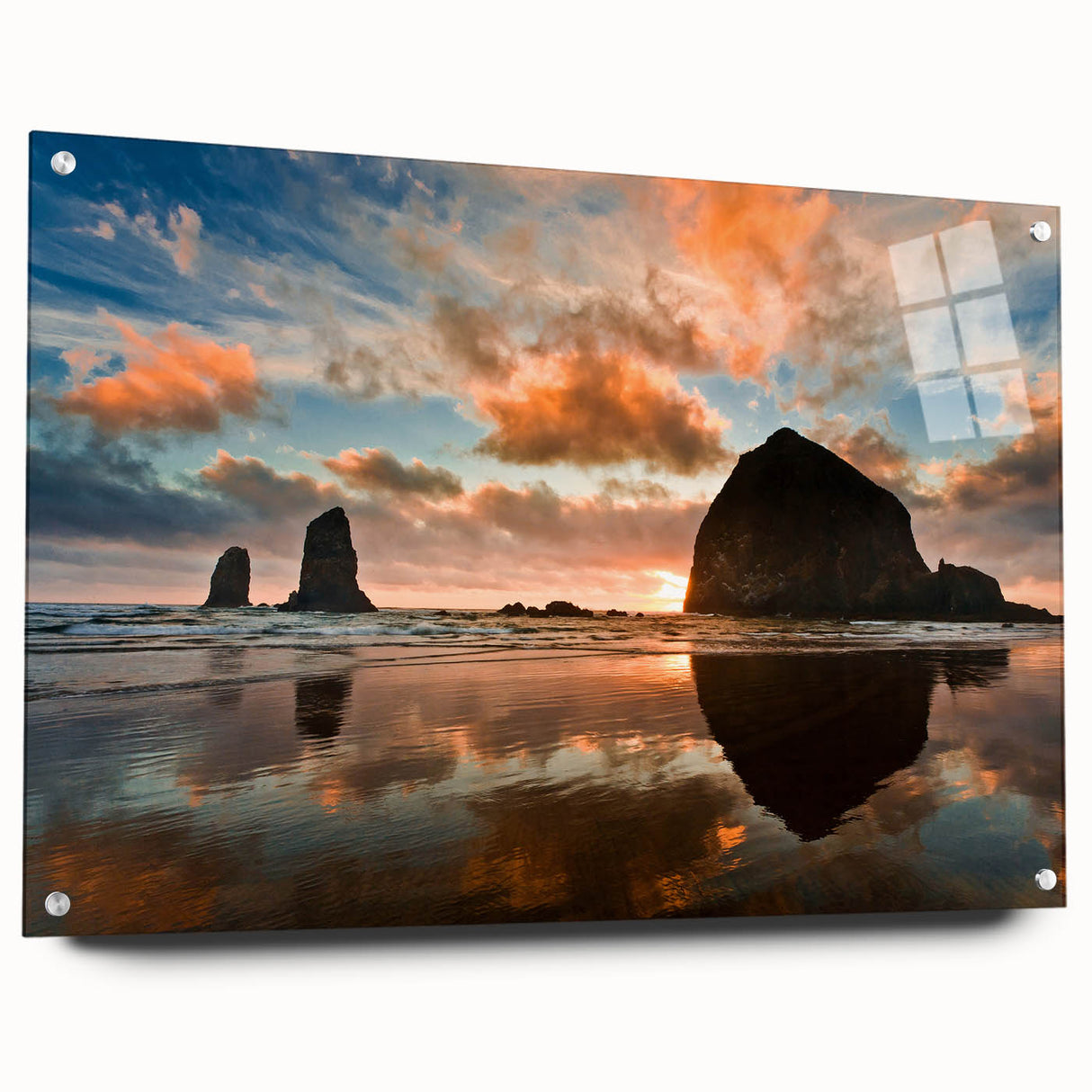 Acrylic print of Oregon's Cannon Beach with muted gray and blue tones, ideal for dining room decor.