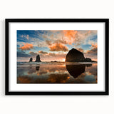 Extra large, textured abstract art print of Cannon Beach, Oregon, in vibrant colors on a black framed canvas.