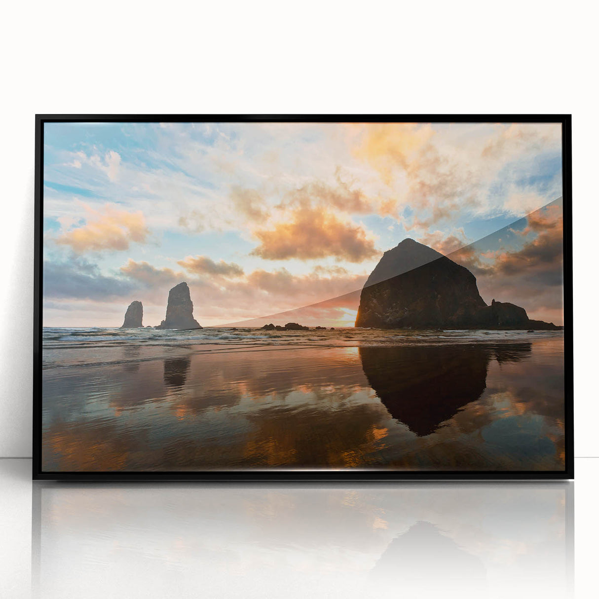 Large abstract wall art depicting Cannon Beach, Oregon, in muted earth tones on a framed acrylic panel.