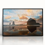 Large abstract wall art depicting Cannon Beach, Oregon, in muted earth tones on a framed acrylic panel.