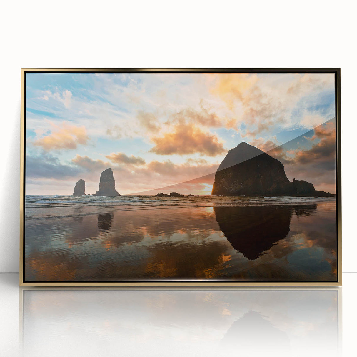 Large art print of Cannon Beach, Oregon, in muted earth tones on a framed acrylic, suitable for modern art wall decor.