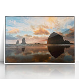 Acrylic print of Cannon Beach, Oregon with pastel hues, framed in white, suitable for modern nursery decor.