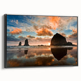 Black and white framed canvas of Cannon Beach, Oregon, with muted monochrome tones, ideal for bedroom wall art.