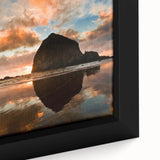 Extra large framed canvas of Cannon Beach in Oregon, featuring textured black sand contrasted with colorful sunset skies.
