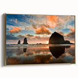 Framed canvas of Cannon Beach in Oregon, featuring a vintage landscape painting with muted gold and black tones.