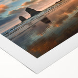 Art deco poster of Cannon Beach, Oregon, with muted earth tones on rolled canvas, suitable for dining room wall art.