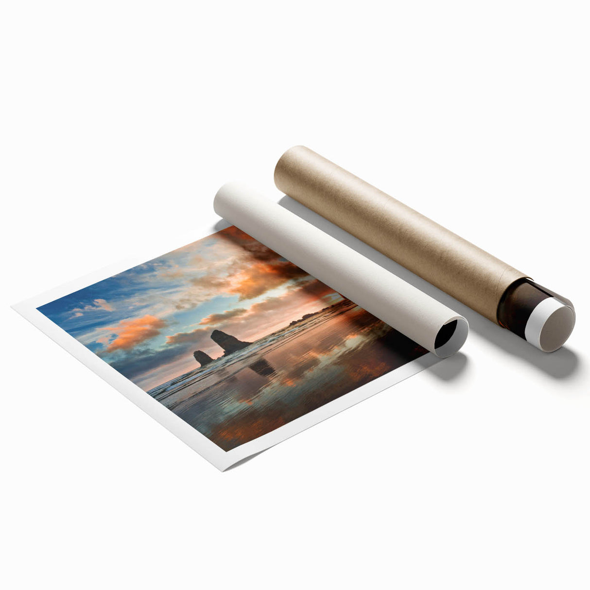 Rolled print of Cannon Beach, Oregon with soft pastel shades on canvas, suitable for large bathroom or living room wall.
