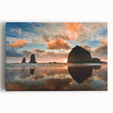 Black and white photograph of Cannon Beach, Oregon on stretched canvas, suitable as large kitchen wall art.