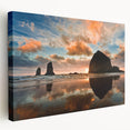 Large canvas print of Cannon Beach, Oregon, in muted earth tones, ideal for kitchen wall art.