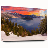 Acrylic print of Crater Lake, Oregon, featuring deep blue tones and a clear sky, suitable for bedroom or dining room decor.