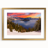 Extra large textured abstract art print of Crater Lake, Oregon in a gold frame, ideal for living room decor.