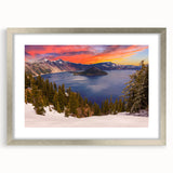 Textured art print of Crater Lake, Oregon, in muted blue tones on a framed canvas, ideal for bedroom wall decor.