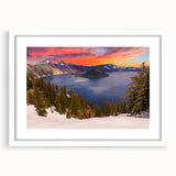 Abstract art print of Crater Lake in muted blue and green tones on a framed white mat, ideal for dining room decor.