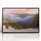 Large abstract wall art depicting Crater Lake, Oregon, in muted blue tones on a black-framed acrylic print.