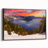 Black and white framed canvas depicting Crater Lake, Oregon, in a vintage poster style, suitable for bedroom wall decor.