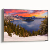 Framed canvas of Crater Lake landscape art painting with blue and green hues.
