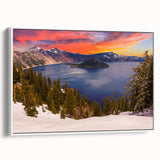 Vintage poster art of Oregon's Crater Lake on a framed canvas, featuring vibrant blue tones, ideal for living room decor.