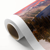 Art deco poster of Crater Lake, Oregon, in muted blue and green hues on rolled canvas, ideal for nursery wall art.