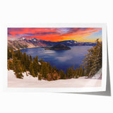 Crater Lake panoramic print in deep blue tones on rolled canvas, ideal for art wall dining room.