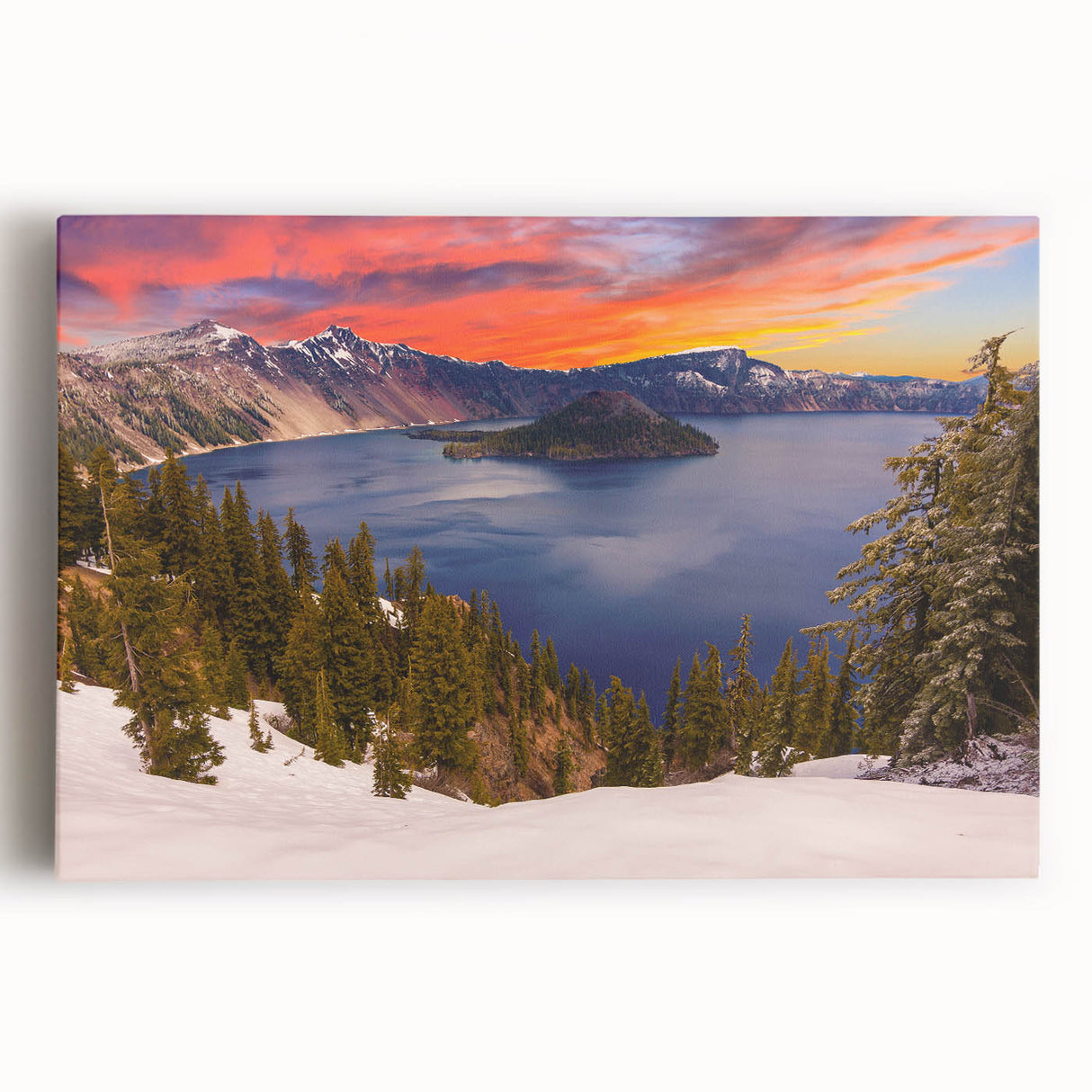 Black and white photograph of Crater Lake, Oregon on stretched canvas, suitable for kitchen wall art.