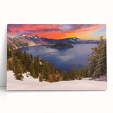 Black and white photograph of Crater Lake, Oregon on stretched canvas, ideal for kitchen wall art.