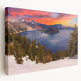 Crater Lake, Oregon scenery on large stretched canvas with vivid blue and green tones, suitable for kitchen wall art.