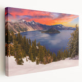 Crater Lake, Oregon scenery on large stretched canvas with vivid blue and green tones, suitable for kitchen wall art.