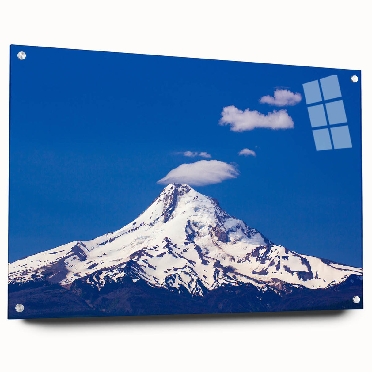 Acrylic print of Mount Hood, Oregon, with vivid blue and green tones, ideal for dining room decor.