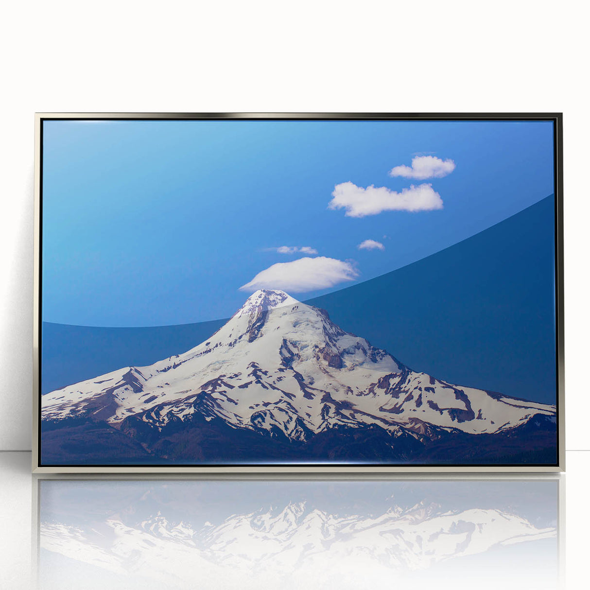 Mid-century modernist art of Mount Hood in Oregon featuring muted earth tones on a silver-framed acrylic print.