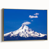 Framed canvas wall art depicting Mount Hood in Oregon with a vintage poster style, featuring a black and gold color scheme.